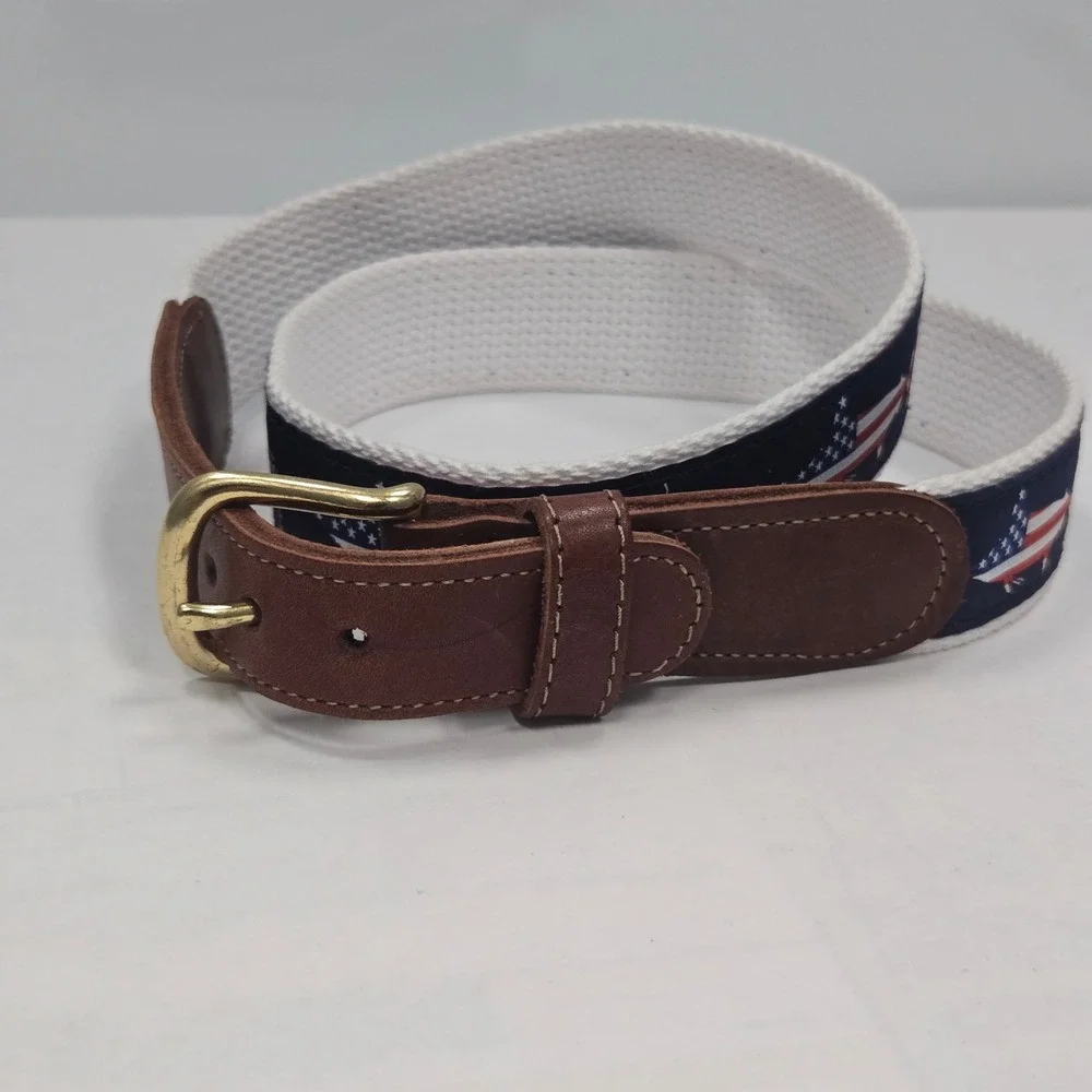 Guy Harvey Mens Marlin American Flag Ribbon Belt Navy White Leather Brass 34